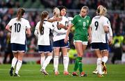 9 April 2024; Lauren James of England, congratulates teammate Alex Greenwood, 6, after she scored their side's second goal from a pelanty, awarded after a handball by Ruesha Littlejohn of Republic of Ireland, 8, during the UEFA Women's European Championship qualifying group A match between Republic of Ireland and England at Aviva Stadium in Dublin. Photo by Ben McShane/Sportsfile