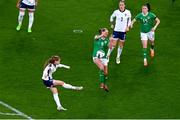 9 April 2024; Ruesha Littlejohn of Republic of Ireland blocks a shot by Jessica Park of England, resulting in a penalty for England, during the UEFA Women's European Championship qualifying group A match between Republic of Ireland and England at Aviva Stadium in Dublin. Photo by Tyler Miller/Sportsfile