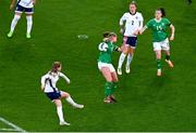 9 April 2024; Ruesha Littlejohn of Republic of Ireland blocks a shot by Jessica Park of England, resulting in a penalty for England, during the UEFA Women's European Championship qualifying group A match between Republic of Ireland and England at Aviva Stadium in Dublin. Photo by Tyler Miller/Sportsfile