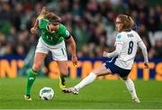9 April 2024; Katie McCabe of Republic of Ireland in action against Jessica Park of England during the UEFA Women's European Championship qualifying group A match between Republic of Ireland and England at Aviva Stadium in Dublin. Photo by Stephen McCarthy/Sportsfile