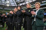 9 April 2024; Republic of Ireland head coach Eileen Gleeson, right, and her backroom staff before the UEFA Women's European Championship qualifying group A match between Republic of Ireland and England at Aviva Stadium in Dublin. Photo by Stephen McCarthy/Sportsfile