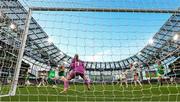 9 April 2024; Lauren James of England scores her side's first goal past Republic of Ireland goalkeeper Courtney Brosnan during the UEFA Women's European Championship qualifying group A match between Republic of Ireland and England at Aviva Stadium in Dublin. Photo by Stephen McCarthy/Sportsfile
