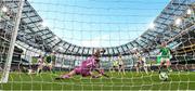 9 April 2024; Lauren James of England scores her side's first goal past Republic of Ireland goalkeeper Courtney Brosnan during the UEFA Women's European Championship qualifying group A match between Republic of Ireland and England at Aviva Stadium in Dublin. Photo by Stephen McCarthy/Sportsfile