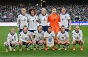 9 April 2024; England team, back row, from left, Lucy Bronze, Lauren James, Leah Williamson, Hannah Hampton and Alessia Russo with, front, from left, Jessica Park, Lauren Hemp, Keira Walsh, Jess Carter, Ella Toone and Alex Greenwood before the UEFA Women's European Championship qualifying group A match between Republic of Ireland and England at Aviva Stadium in Dublin. Photo by Ramsey Cardy/Sportsfile Photo by Ramsey Cardy/Sportsfile