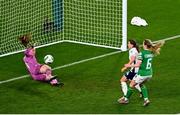 9 April 2024; Republic of Ireland goalkeeper Courtney Brosnan makes a save from Fran Kirby of England during the UEFA Women's European Championship qualifying group A match between Republic of Ireland and England at Aviva Stadium in Dublin. Photo by Tyler Miller/Sportsfile