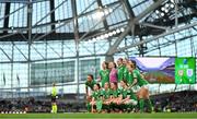 9 April 2024; The Republic of Ireland team, back row, from left, Katie McCabe, Anna Patten, Courtney Brosnan, Caitlin Hayes, Louise Quinn, Kyra Carusa and Ruesha Littlejohn with, front, from left, Lucy Quinn, Denise O'Sullivan, Heather Payne and Aoife Mannion before the UEFA Women's European Championship qualifying group A match between Republic of Ireland and England at Aviva Stadium in Dublin. Photo by Ben McShane/Sportsfile