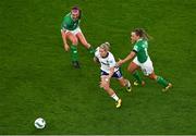 9 April 2024; Rachel Daly of England is tackled by Katie McCabe of Republic of Ireland resulting in a yellow card for McCabe during the UEFA Women's European Championship qualifying group A match between Republic of Ireland and England at Aviva Stadium in Dublin. Photo by Tyler Miller/Sportsfile