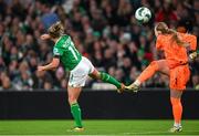 9 April 2024; Katie McCabe of Republic of Ireland blocks a clearance by England goalkeeper Hannah Hampton during the UEFA Women's European Championship qualifying group A match between Republic of Ireland and England at Aviva Stadium in Dublin. Photo by Stephen McCarthy/Sportsfile