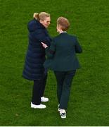 9 April 2024; England manager Sarina Wiegman, left, and Republic of Ireland head coach Eileen Gleeson after the UEFA Women's European Championship qualifying group A match between Republic of Ireland and England at Aviva Stadium in Dublin. Photo by Tyler Miller/Sportsfile