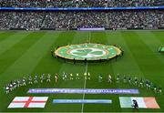 9 April 2024; The teams line up before the UEFA Women's European Championship qualifying group A match between Republic of Ireland and England at Aviva Stadium in Dublin. Photo by Tyler Miller/Sportsfile