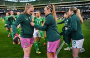 9 April 2024; Republic of Ireland goalkeeper Courtney Brosnan, left, and Grace Moloney before the UEFA Women's European Championship qualifying group A match between Republic of Ireland and England at Aviva Stadium in Dublin. Photo by Stephen McCarthy/Sportsfile
