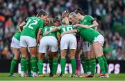 9 April 2024; The Republic of Ireland team huddle before the UEFA Women's European Championship qualifying group A match between Republic of Ireland and England at Aviva Stadium in Dublin. Photo by Stephen McCarthy/Sportsfile