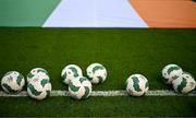 9 April 2024; A general view of match footballs beside an Republic of Ireland flag before the UEFA Women's European Championship qualifying group A match between Republic of Ireland and England at Aviva Stadium in Dublin. Photo by Stephen McCarthy/Sportsfile