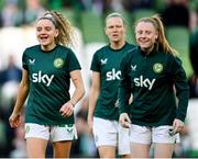 9 April 2024; Republic of Ireland players, from left, Leanne Kiernan, Diane Caldwell and Amber Barrett before the UEFA Women's European Championship qualifying group A match between Republic of Ireland and England at Aviva Stadium in Dublin. Photo by Stephen McCarthy/Sportsfile