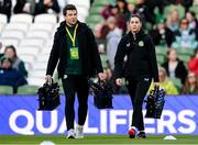 9 April 2024; Republic of Ireland nutritionist Dr Brendan Egan and physiotherapist Susie Coffey before the UEFA Women's European Championship qualifying group A match between Republic of Ireland and England at Aviva Stadium in Dublin. Photo by Stephen McCarthy/Sportsfile