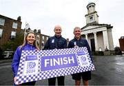 10 April 2024; The Irish Life Dublin Marathon organisers have confirmed today with Dublin City Council that the 2024 course will run through the city streets on Sunday, October 27th, starting on Leeson Street Lower and finishing on Mount Street Upper. Pictured at the announcement are, from left, Aideen O’Connor, Programme & Services Development Manager of the Dublin City Sport and Wellbeing Partnership, and member of Clonliffe Harriers; Dublin Marathon Race Director Jim Aughney and Martin Kelly, who has ran every Dublin Marathon since 1980, and a member of Raheny AC. Photo by Ramsey Cardy/Sportsfile