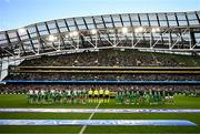 9 April 2024; Teams and officials line up before the UEFA Women's European Championship qualifying group A match between Republic of Ireland and England at Aviva Stadium in Dublin. Photo by Stephen McCarthy/Sportsfile
