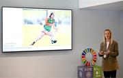10 April 2024; Trinity College student sport pathway manager and Mayo Ladies Gaelic Footballer Lisa Cafferky speaks during the Activating The Sport Sector For Sustainability ACCESS GAA Multiplier Event at Croke Park in Dublin. Photo by Harry Murphy/Sportsfile
