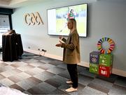 10 April 2024; Trinity College student sport pathway manager and Mayo Ladies Gaelic Footballer Lisa Cafferky speaks during the Activating The Sport Sector For Sustainability ACCESS GAA Multiplier Event at Croke Park in Dublin. Photo by Harry Murphy/Sportsfile