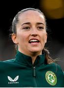9 April 2024; Anna Patten of Republic of Ireland sings the National Anthem before the UEFA Women's European Championship qualifying group A match between Republic of Ireland and England at Aviva Stadium in Dublin. Photo by Stephen McCarthy/Sportsfile