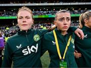 9 April 2024; Emily Murphy, left, and Abbie Larkin of Republic of Ireland before the UEFA Women's European Championship qualifying group A match between Republic of Ireland and England at Aviva Stadium in Dublin. Photo by Stephen McCarthy/Sportsfile
