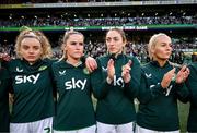 9 April 2024; Republic of Ireland players, from left, Leanne Kiernan, Jessie Stapleton, Megan Connolly and Lily Agg before the UEFA Women's European Championship qualifying group A match between Republic of Ireland and England at Aviva Stadium in Dublin. Photo by Stephen McCarthy/Sportsfile