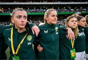 9 April 2024; Republic of Ireland players, from left, Abbie Larkin, Erin McLaughlin, Emily Whelan and Leanne Kiernan before the UEFA Women's European Championship qualifying group A match between Republic of Ireland and England at Aviva Stadium in Dublin. Photo by Stephen McCarthy/Sportsfile