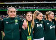 9 April 2024; Republic of Ireland players, from left, Erin McLaughlin, Emily Whelan, Leanne Kiernan and Jessie Stapleton before the UEFA Women's European Championship qualifying group A match between Republic of Ireland and England at Aviva Stadium in Dublin. Photo by Stephen McCarthy/Sportsfile