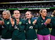 9 April 2024; Republic of Ireland players, from left, Lily Agg, Tyler Toland, Izzy Atkinson and Grace Moloney before the UEFA Women's European Championship qualifying group A match between Republic of Ireland and England at Aviva Stadium in Dublin. Photo by Stephen McCarthy/Sportsfile