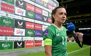 9 April 2024; Katie McCabe of Republic of Ireland speaks to RTÉ after the UEFA Women's European Championship qualifying group A match between Republic of Ireland and England at Aviva Stadium in Dublin. Photo by Stephen McCarthy/Sportsfile