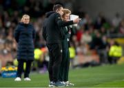 9 April 2024; Republic of Ireland head coach Eileen Gleeson and assistant coach Stephen Rice during the UEFA Women's European Championship qualifying group A match between Republic of Ireland and England at Aviva Stadium in Dublin. Photo by Stephen McCarthy/Sportsfile