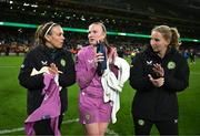 9 April 2024; Republic of Ireland goalkeepers, from left, Grace Moloney, Courtney Brosnan and Sophie Whitehouse after the UEFA Women's European Championship qualifying group A match between Republic of Ireland and England at Aviva Stadium in Dublin. Photo by Stephen McCarthy/Sportsfile