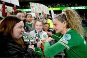 9 April 2024; Leanne Kiernan of Republic of Ireland with supporters after the UEFA Women's European Championship qualifying group A match between Republic of Ireland and England at Aviva Stadium in Dublin. Photo by Stephen McCarthy/Sportsfile