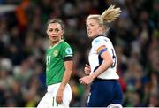 9 April 2024; Katie McCabe of Republic of Ireland and Leah Williamson of England during the UEFA Women's European Championship qualifying group A match between Republic of Ireland and England at Aviva Stadium in Dublin. Photo by Stephen McCarthy/Sportsfile