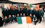 10 April 2024; Republic of Ireland players on the team's arrival at Dublin Airport from Croatia where the Republic of Ireland Women's U19 squad qualified for July's UEFA Women's U19 European Championships to be held in Lithuania. Photo by Stephen McCarthy/Sportsfile