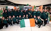 10 April 2024; Republic of Ireland players on the team's arrival at Dublin Airport from Croatia where the Republic of Ireland Women's U19 qualified for July's UEFA Women's U19 European Championships to be held in Lithuania. Photo by Stephen McCarthy/Sportsfile