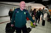 10 April 2024; Republic of Ireland head coach Dave Connell on the team's arrival at Dublin Airport from Croatia where the Republic of Ireland Women's U19 squad qualified for July's UEFA Women's U19 European Championships to be held in Lithuania. Photo by Stephen McCarthy/Sportsfile