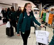 10 April 2024; Republic of Ireland's Jodie Loughrey on the team's arrival at Dublin Airport from Croatia where the Republic of Ireland Women's U19 squad qualified for July's UEFA Women's U19 European Championships to be held in Lithuania. Photo by Stephen McCarthy/Sportsfile