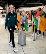10 April 2024; Republic of Ireland's Katie Keane on the team's arrival at Dublin Airport from Croatia where the Republic of Ireland Women's U19 squad qualified for July's UEFA Women's U19 European Championships to be held in Lithuania. Photo by Stephen McCarthy/Sportsfile