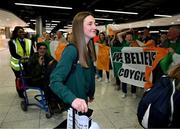 10 April 2024; Republic of Ireland's Jess Fitzgerald on the team's arrival at Dublin Airport from Croatia where the Republic of Ireland Women's U19 squad qualified for July's UEFA Women's U19 European Championships to be held in Lithuania. Photo by Stephen McCarthy/Sportsfile