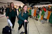 10 April 2024; Republic of Ireland's Meabh Russell, right, and Jess Fitzgerald on the team's arrival at Dublin Airport from Croatia where the Republic of Ireland Women's U19 squad qualified for July's UEFA Women's U19 European Championships to be held in Lithuania. Photo by Stephen McCarthy/Sportsfile
