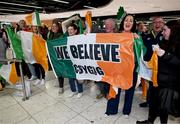 10 April 2024; Republic of Ireland supporters await the team's arrival at Dublin Airport from Croatia where the Republic of Ireland Women's U19 squad qualified for July's UEFA Women's U19 European Championships to be held in Lithuania. Photo by Stephen McCarthy/Sportsfile
