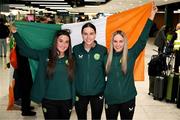 10 April 2024; Republic of Ireland players, from left, Lia O'Leary, Aoife Kelly and Joy Ralph, all from the Shamrock Rovers club, on the team's arrival at Dublin Airport from Croatia where the Republic of Ireland Women's U19 squad qualified for July's UEFA Women's U19 European Championships to be held in Lithuania. Photo by Stephen McCarthy/Sportsfile