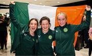 10 April 2024; Republic of Ireland players, from left, Meabh Russell, Jayne Merren and Ceola Bergin, all from the Wexford club, on the team's arrival at Dublin Airport from Croatia where the Republic of Ireland Women's U19 squad qualified for July's UEFA Women's U19 European Championships to be held in Lithuania. Photo by Stephen McCarthy/Sportsfile
