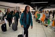 10 April 2024; Republic of Ireland's Eve Dossen on the team's arrival at Dublin Airport from Croatia where the Republic of Ireland Women's U19 squad qualified for July's UEFA Women's U19 European Championships to be held in Lithuania. Photo by Stephen McCarthy/Sportsfile