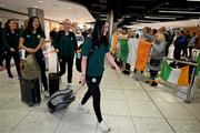 10 April 2024; Republic of Ireland's Sophie Morrin on the team's arrival at Dublin Airport from Croatia where the Republic of Ireland Women's U19 squad qualified for July's UEFA Women's U19 European Championships to be held in Lithuania. Photo by Stephen McCarthy/Sportsfile