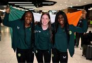 10 April 2024; Republic of Ireland players, from left, Eve Dossen, Kate Thompson and Rola Olusola, all from the Galway United club, on the team's arrival at Dublin Airport from Croatia where the Republic of Ireland Women's U19 squad qualified for July's UEFA Women's U19 European Championships to be held in Lithuania. Photo by Stephen McCarthy/Sportsfile