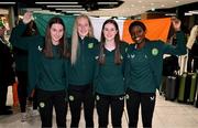 10 April 2024; Republic of Ireland players, from left, Hazel Donegan, Katie Keane, Aoife Murphy-O'Connor and Mary Philips, all from the Athlone Town club, on the team's arrival at Dublin Airport from Croatia where the Republic of Ireland Women's U19 squad qualified for July's UEFA Women's U19 European Championships to be held in Lithuania. Photo by Stephen McCarthy/Sportsfile