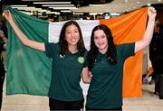 10 April 2024; Republic of Ireland's Aoife Turner, left, and Sophie Morrin on the team's arrival at Dublin Airport from Croatia where the Republic of Ireland Women's U19 squad qualified for July's UEFA Women's U19 European Championships to be held in Lithuania. Photo by Stephen McCarthy/Sportsfile