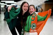 10 April 2024; Republic of Ireland's Kate Thompson is greeted by her 8-year-old cousin Naoise O'Donovan on the team's arrival at Dublin Airport from Croatia where the Republic of Ireland Women's U19 squad qualified for July's UEFA Women's U19 European Championships to be held in Lithuania. Photo by Stephen McCarthy/Sportsfile